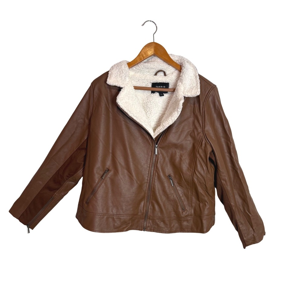 Torrid Sherpa Lined Moto Jacket Size 1X Brown Faux Leather Biker Fall Outerwear